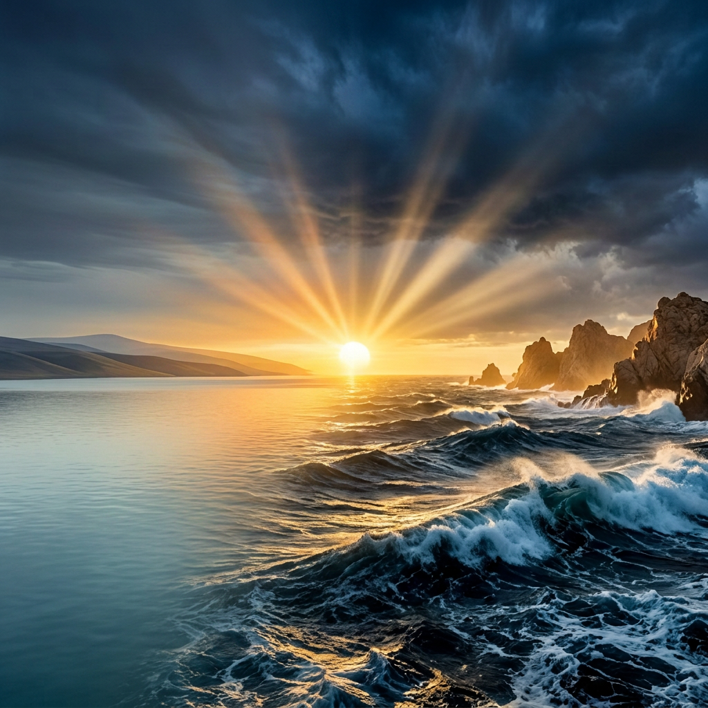 Sunset casting rays over rugged landscape Winding valley and rugged hills under a dramatic sunset with sun rays